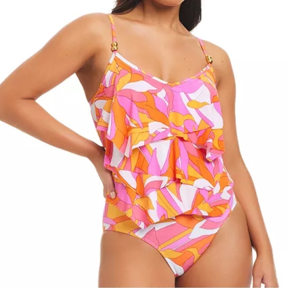 Beyond Control pink Geometric Overlay One-Piece ruffle Swimsuit size 14